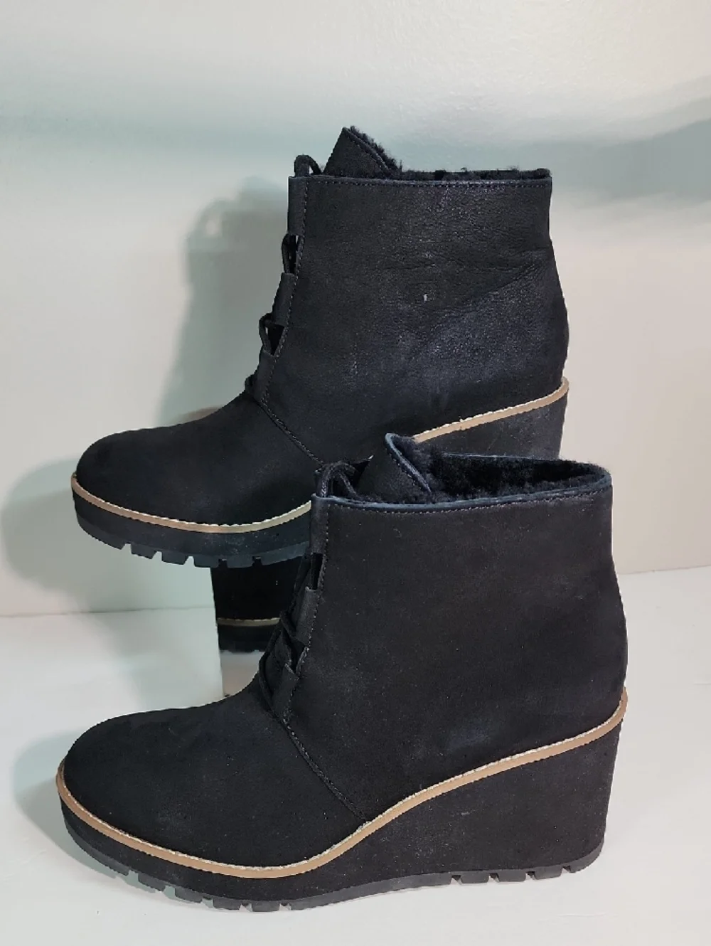 Eileen Fisher Black Lace-Up Wedge Ankle Boot with Contrast Trim